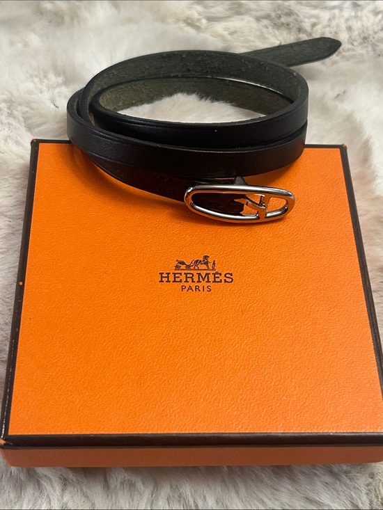 Hermes Jewelry - Hermes black leather wrap bracelet with silver hardware